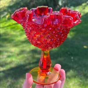 Vintage Fenton Hobnail Amberina Glass Ruffled Edge Compote Candy Dish